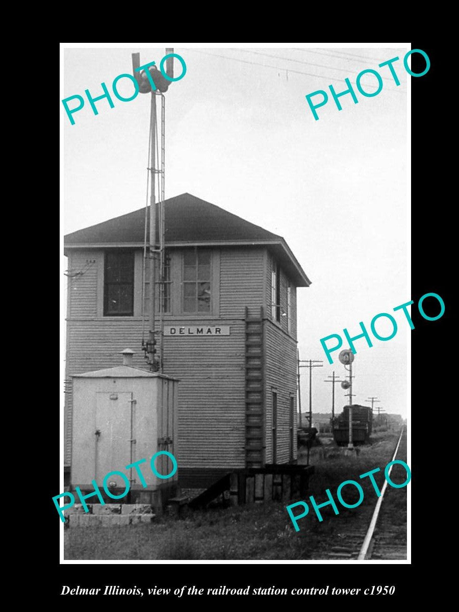 OLD LARGE HISTORIC PHOTO OF DELMAR ILLINOIS, THE RAILROAD SIGNAL TOWER c1950