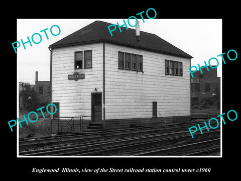 OLD LARGE HISTORIC PHOTO OF ENGLEWOOD ILLINOIS, THE RAILROAD SIGNAL TOWER c1960