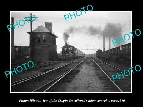 OLD LARGE HISTORIC PHOTO OF FULTON ILLINOIS, CRAGIN RAILROAD SIGNAL TOWER c1940