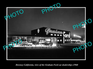 OLD LARGE HISTORIC PHOTO OF DOWNEY CALIFORNIA, GRAHAM FORD CAR DEALERSHIP c1960