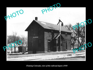 OLD LARGE HISTORIC PHOTO OF FLEMING COLORADO, THE RAILROAD DEPOT STATION c1950