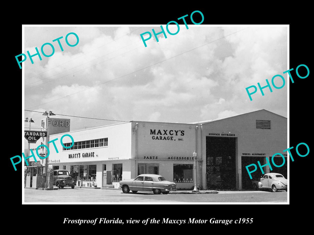 OLD LARGE HISTORIC PHOTO OF FROSTPROOF FLORIDA, THE MAXCYS MOTOR GARAGE c1955