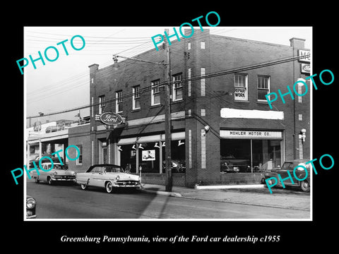 OLD LARGE HISTORIC PHOTO OF GREENSBURG PENNSYLVANIA FORD CAR DEALERSHIP c1955