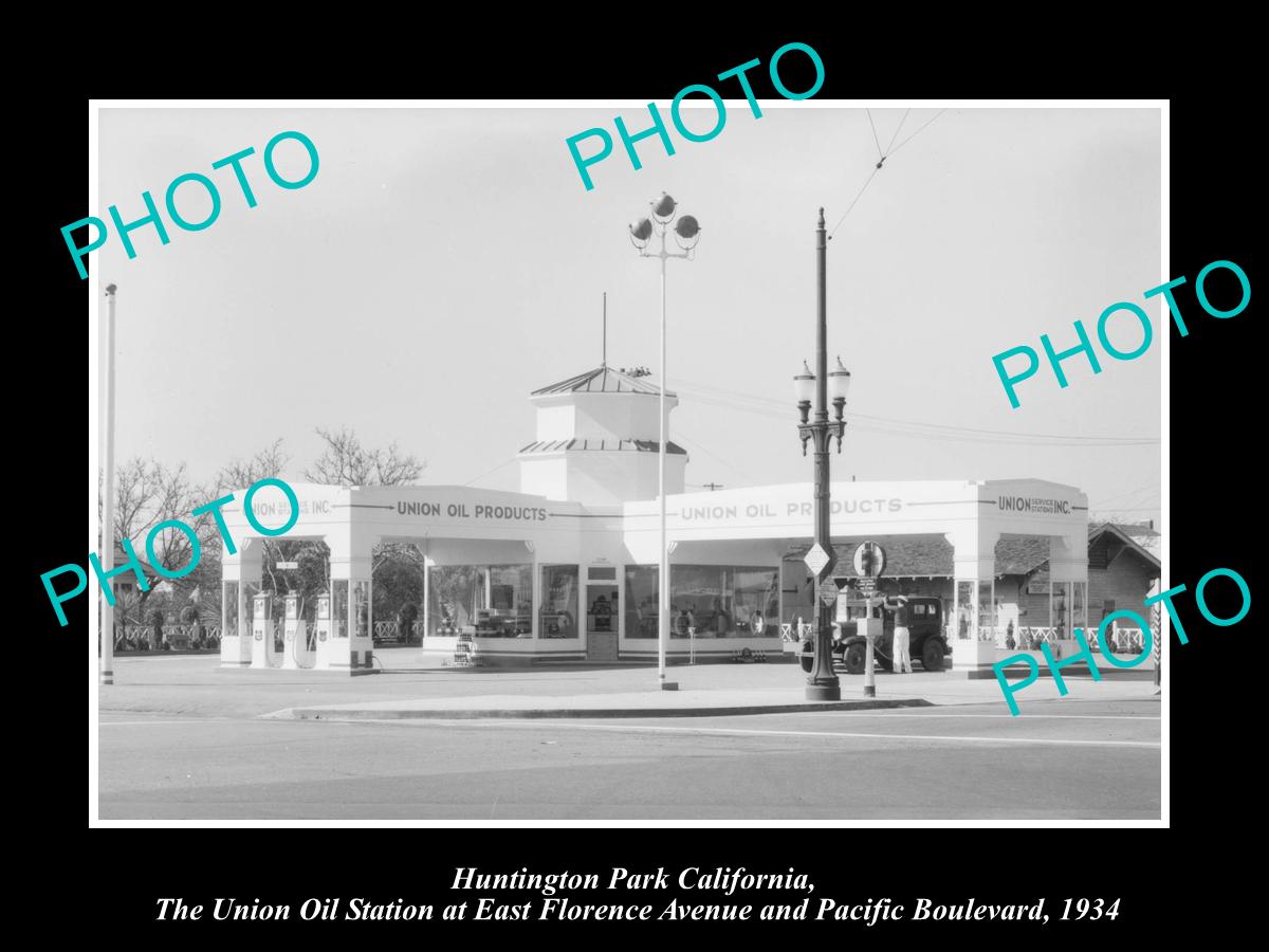 OLD LARGE HISTORIC PHOTO OF HUNTINGTON PARK CALIFORNIA, UNION OIL STATION c1934