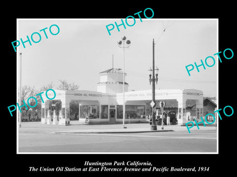 OLD LARGE HISTORIC PHOTO OF HUNTINGTON PARK CALIFORNIA, UNION OIL STATION c1934