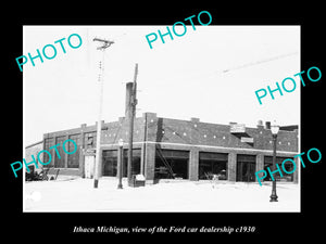 OLD LARGE HISTORIC PHOTO OF ITHACA MICHIGAN, THE FORD CAR DEALERSHIP c1930