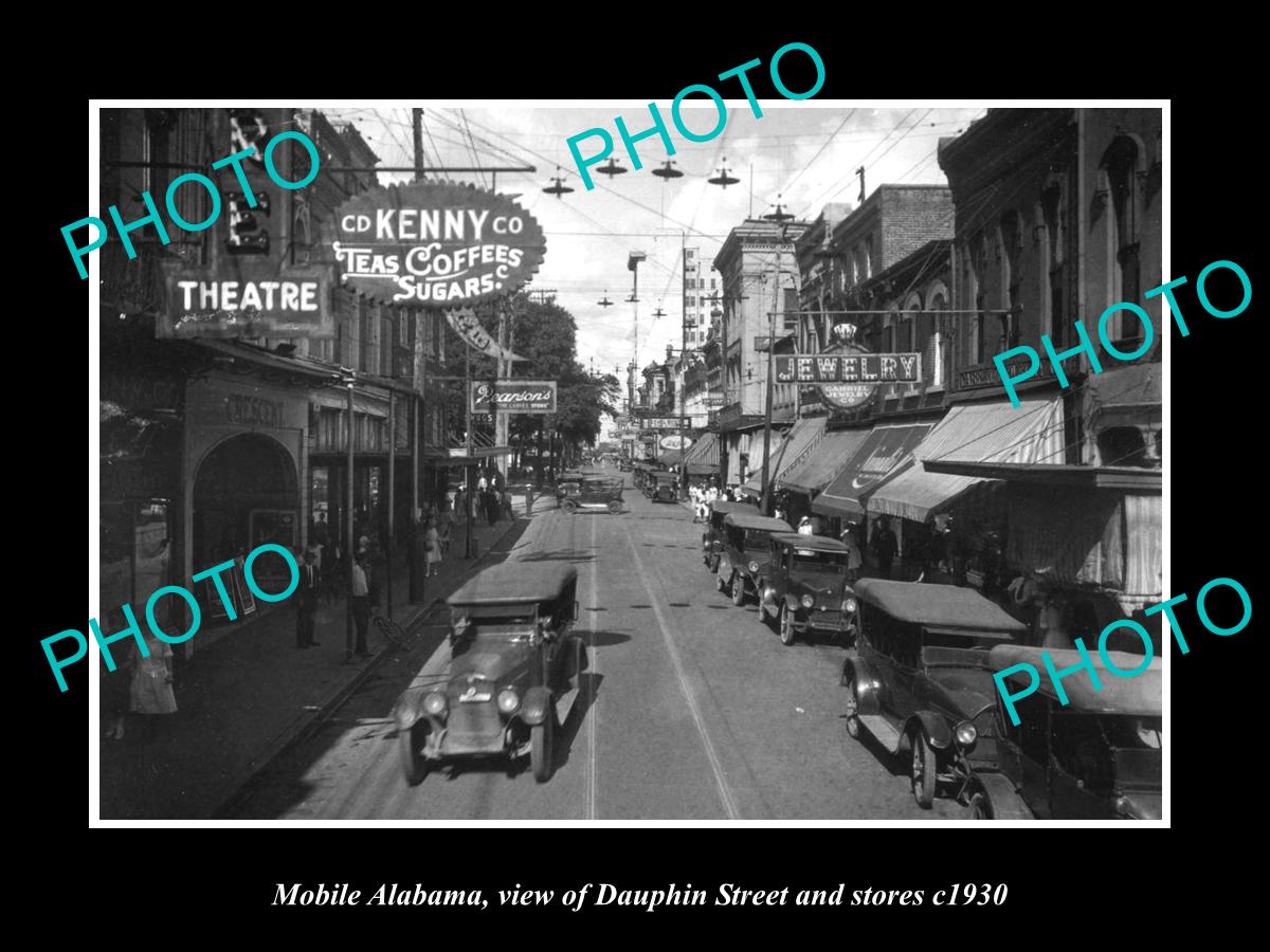 OLD LARGE HISTORIC PHOTO OF MOBILE ALABAMA, VIEW OF DAUPHIN St & STORES c1930