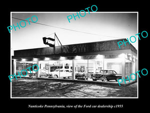 OLD LARGE HISTORIC PHOTO OF NANTICOKE PENNSYLVANIA FORD CAR DEALERSHIP c1955