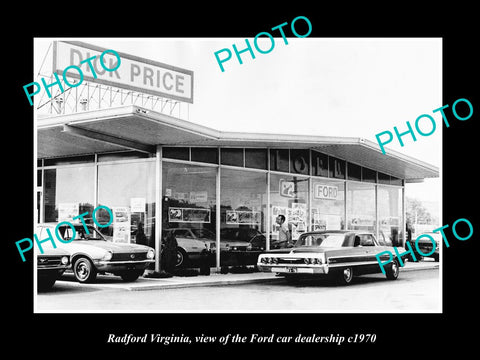 OLD LARGE HISTORIC PHOTO OF RADFORD VIRGINIA, THE FORD CAR DEALERSHIP c1970