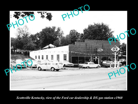 OLD LARGE HISTORIC PHOTO OF SCOTTSVILLE KENTUCKY, THE FORD CAR DEALERSHIP c1960