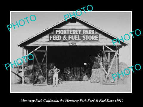 OLD LARGE HISTORIC PHOTO OF MONTEREY PARK CALIFORNIA, THE FEED & FUEL STORE 1910