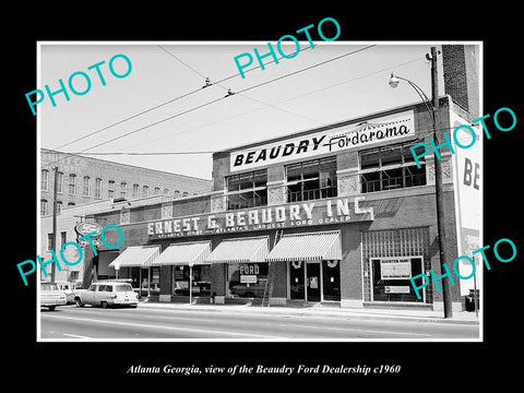 OLD LARGE HISTORIC PHOTO OF ATLANTA GEORGIA, BEAUDRY FORD CAR DEALERSHIP c1960