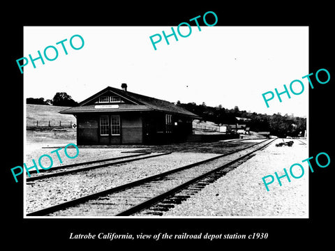 OLD LARGE HISTORIC PHOTO OF LATROBE CALIFORNIA, THE RAILROAD DEPOT STATION c1930