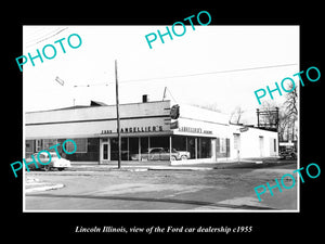 OLD LARGE HISTORIC PHOTO OF LINCOLN ILLINOIS, THE FORD CAR DEALERSHIP c1955