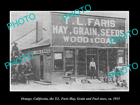 OLD LARGE HISTORIC PHOTO OF ORANGE CALIFORNIA, THE GRAIN, HAY & WOOD STORE c1915