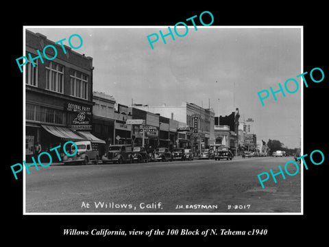 OLD LARGE HISTORIC PHOTO OF WILLOWS CALIFORNIA, THE 100 BLOCK & STORES c1940