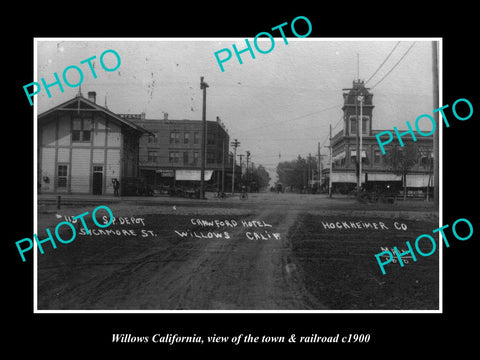 OLD LARGE HISTORIC PHOTO OF WILLOWS CALIFORNIA, THE TOWN & RAILROAD c1900