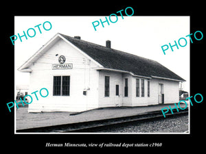 OLD LARGE HISTORIC PHOTO OF HERMAN MINNESOTA, RAILROAD DEPOT STATION c1960