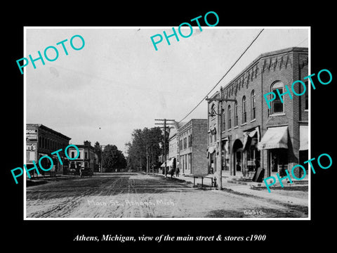 OLD LARGE HISTORIC PHOTO OF ATHENS MICHIGAN, THE MAIN STREET & STORES c1900