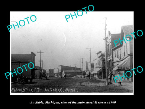 OLD LARGE HISTORIC PHOTO OF AU SABLE MICHIGAN, THE MAIN STREET & STORES c1900