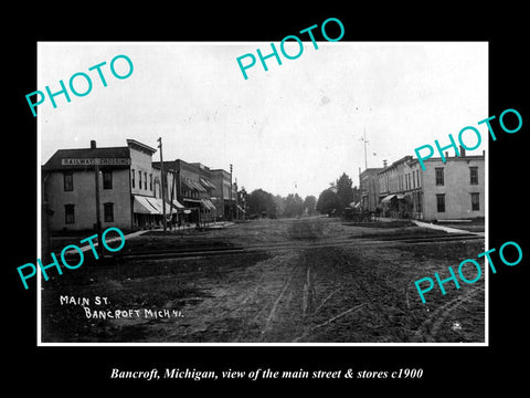 OLD LARGE HISTORIC PHOTO OF BANCROFT MICHIGAN, THE MAIN STREET & STORES c1900