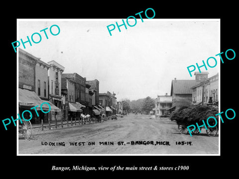 OLD LARGE HISTORIC PHOTO OF BANGOR MICHIGAN, THE MAIN STREET & STORES c1900