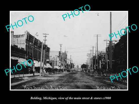 OLD LARGE HISTORIC PHOTO OF BELDING MICHIGAN, THE MAIN STREET & STORES c1900