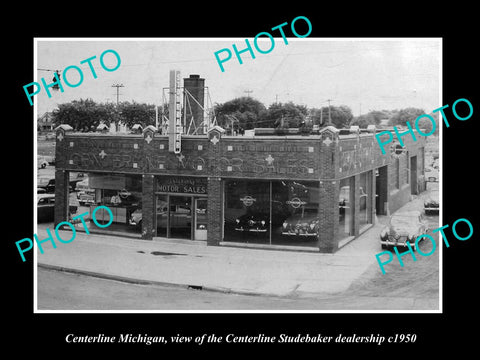 OLD LARGE HISTORIC PHOTO OF CENTERLINE MICHIGAN, THE STUDEBAKER DEALERSHIP c1950