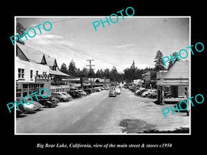 OLD LARGE HISTORIC PHOTO OF BIG BEAR LAKE CALIFORNIA, THE MAIN St & STORES c1950