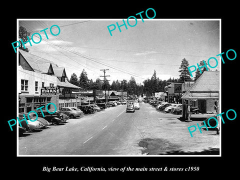 OLD LARGE HISTORIC PHOTO OF BIG BEAR LAKE CALIFORNIA, THE MAIN St & STORES c1950