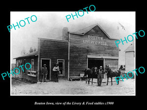 OLD LARGE HISTORIC PHOTO OF BOUTON IOWA, VIEW OF THE LIVERY FEED STABLE c1900