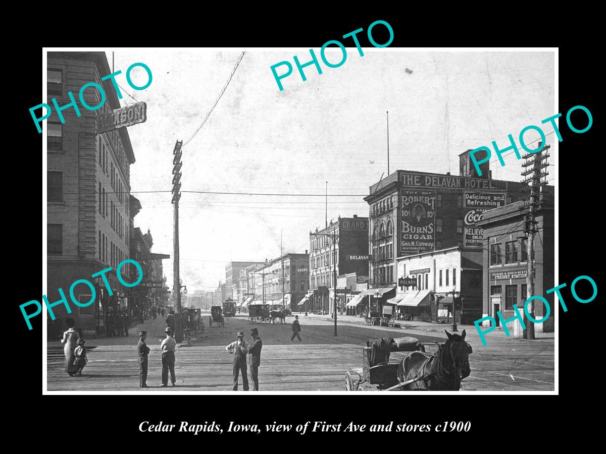 OLD LARGE HISTORIC PHOTO OF CEDAR RAPIDS IOWA, VIEW OF FIRST Ave & STORES c1900