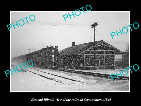 OLD LARGE HISTORIC PHOTO OF ESMOND ILLINOIS, THE RAILROAD DEPOT STATION c1960