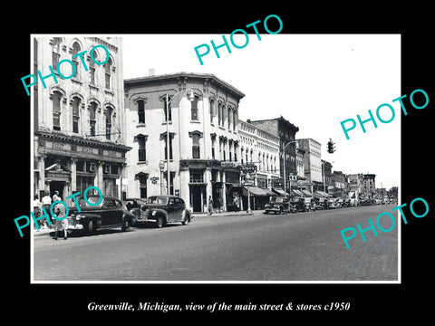 OLD LARGE HISTORIC PHOTO OF GREENVILLE MICHIGAN, THE MAIN STREET & STORES c1950