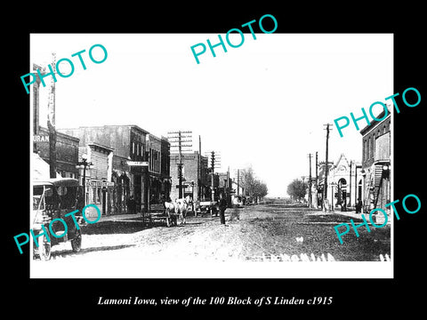 OLD LARGE HISTORIC PHOTO OF LAMONI IOWA, VIEW OF 100 BLOCK S LINDEN c1915