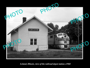 OLD LARGE HISTORIC PHOTO OF LELAND ILLINOIS, THE RAILROAD DEPOT STATION c1960