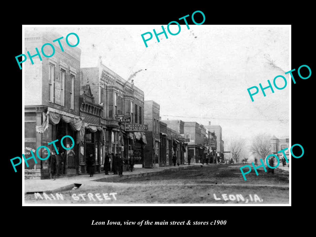 OLD LARGE HISTORIC PHOTO OF LEON IOWA, VIEW OF THE MAIN STREET & STORES c1900