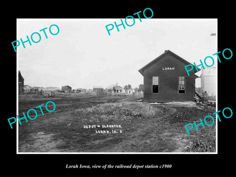 OLD LARGE HISTORIC PHOTO OF LORAH IOWA, VIEW OF THE RAILROAD DEPOT c1900