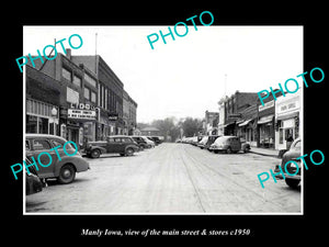 OLD LARGE HISTORIC PHOTO OF MANLY IOWA, VIEW OF THE MAIN STREET & STORES c1950