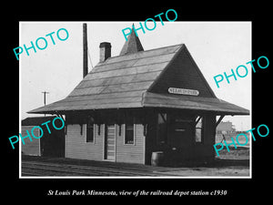 OLD LARGE HISTORIC PHOTO OF ST LOUIS PARK MINNESOTA, THE RAILROAD DEPOT c1930