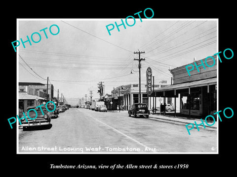 OLD LARGE HISTORIC PHOTO OF TOMBSTONE ARIZONA, ALLEN STREET & STORES c1950