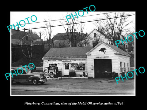 OLD LARGE HISTORIC PHOTO OF WATERBURY CONNECTICUT, MOBIL OIL GAS STATION c1940