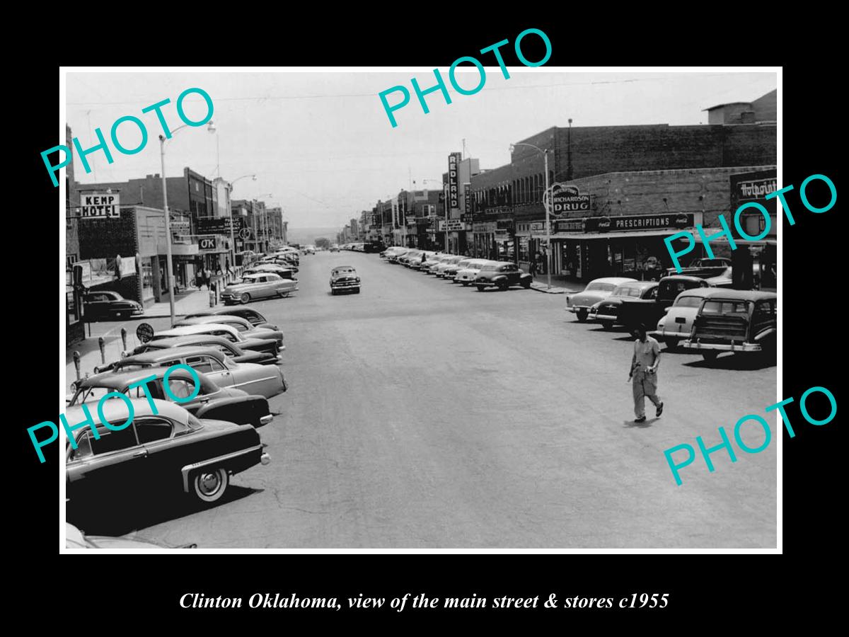 OLD LARGE HISTORIC PHOTO OF CLINTON OKLAHOMA, THE MAIN STREET & STORES c1955