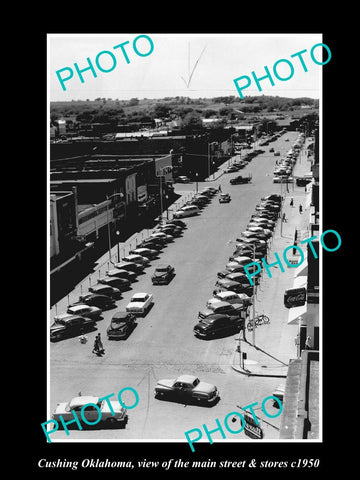 OLD LARGE HISTORIC PHOTO OF CUSHING OKLAHOMA, THE MAIN STREET & STORES c1950