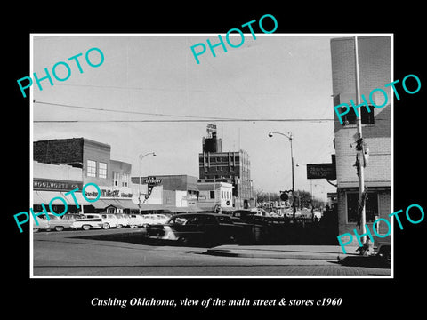 OLD LARGE HISTORIC PHOTO OF CUSHING OKLAHOMA, THE MAIN STREET & STORES c1960