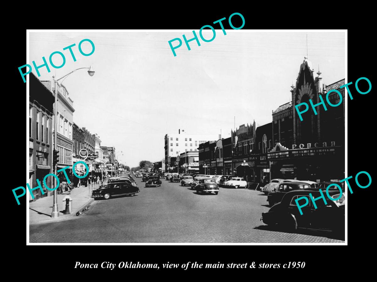 OLD LARGE HISTORIC PHOTO OF PONCA CITY OKLAHOMA, THE MAIN STREET & STORES c1950