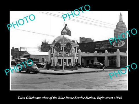 OLD LARGE HISTORIC PHOTO OF TULSA OKLAHOMA, THE BLUE DOME GULF GAS STATION c1940