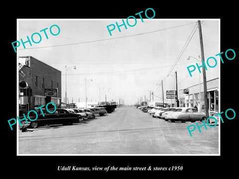 OLD LARGE HISTORIC PHOTO OF UDALL KANSAS, THE MAIN STREET & STORES c1950