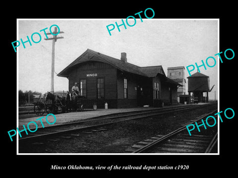 OLD LARGE HISTORIC PHOTO OF MINCO OKLAHOMA, THE RAILROAD DEPOT STATION c1920