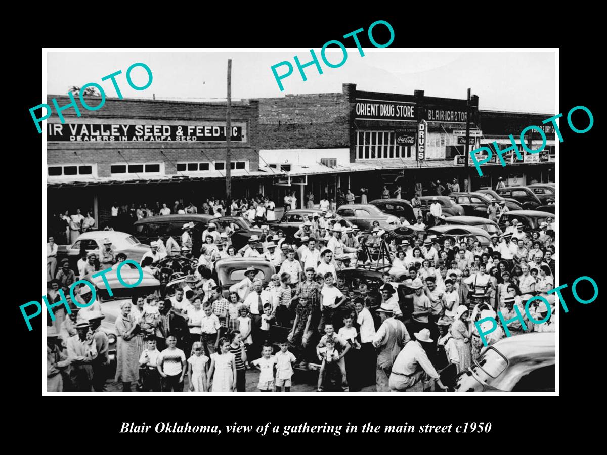 OLD LARGE HISTORIC PHOTO OF BLAIR OKLAHOMA, GATHERING IN THE MAIN STREET c1950